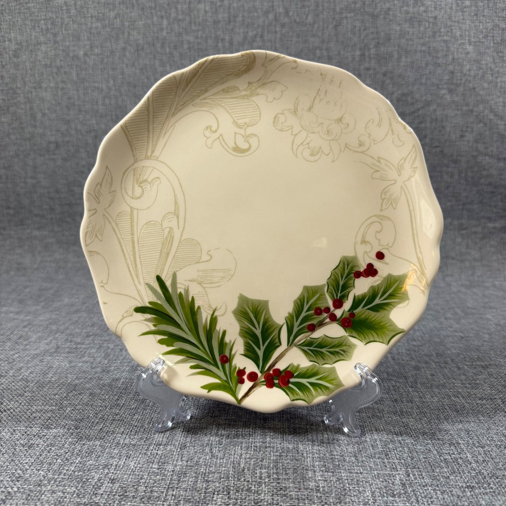 VTG Magenta Holiday Holly Berries Damask Plate 8" Scalloped Christmas Festive